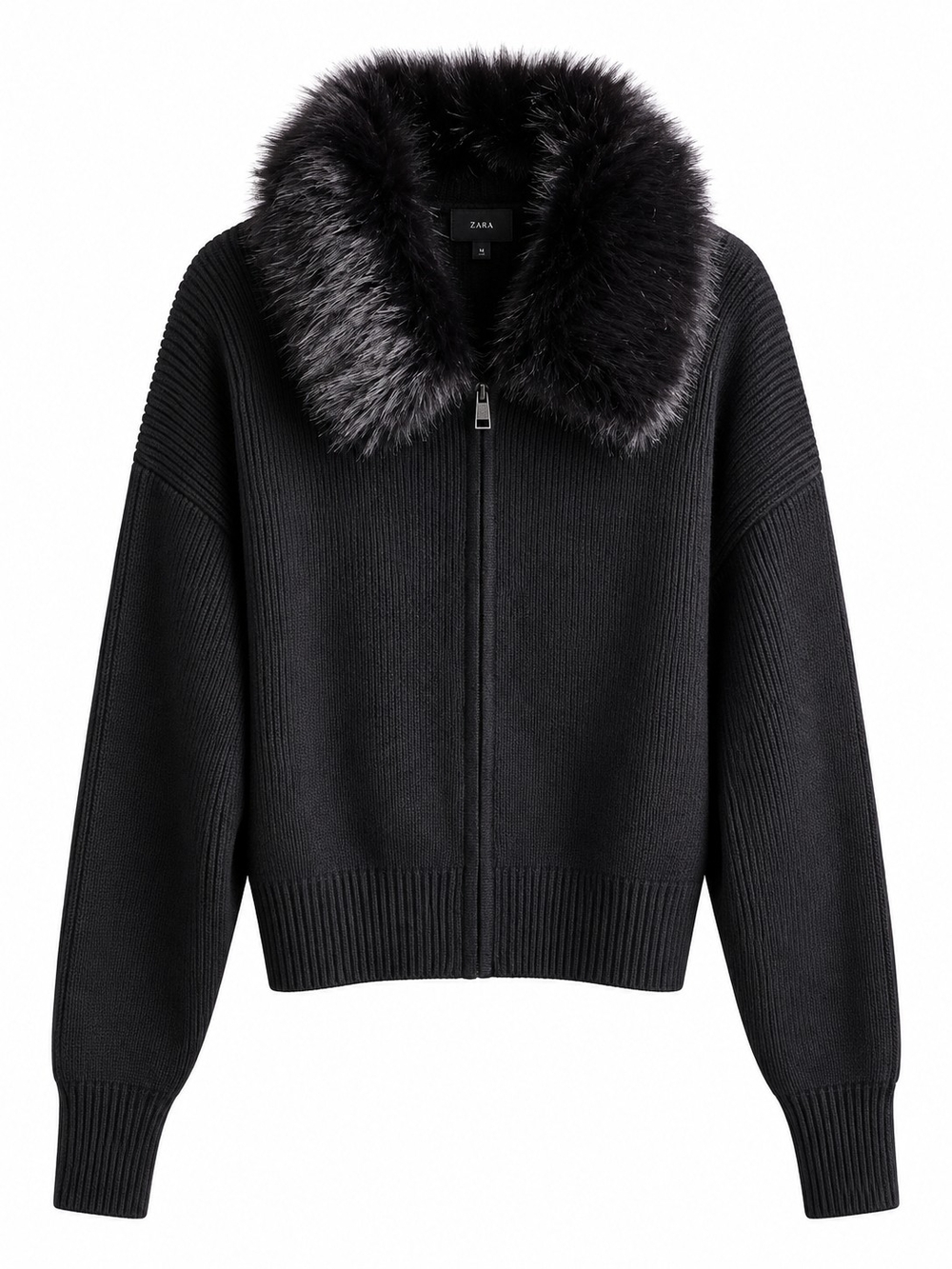 GAP Black Ribbed Knit Jacket with Faux-Fur Collar Size XXL